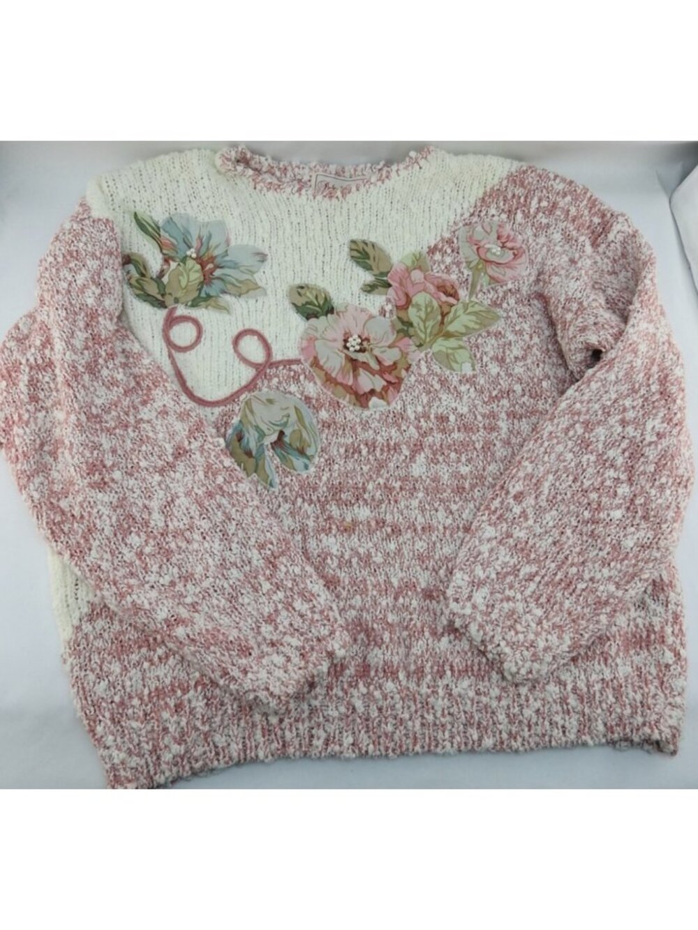 Vintage Pembrooke Pink White Sweater Floral Applique Cottagecore Korea Sz L - Picture 5 of 11
